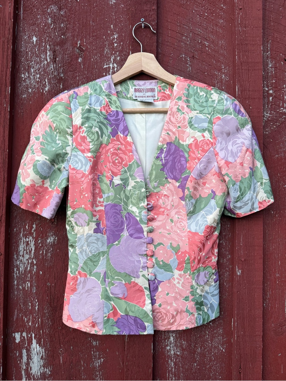 Maggy London Floral Button-Front Women’s Top in Coral & Lavender Sz 6